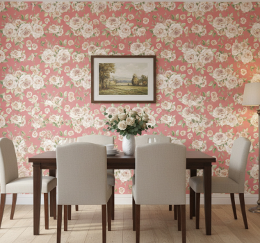 Papel tapiz comedor patrón floral de rosas - TenVinilo