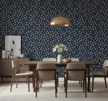 Papel tapiz comedor patrón geométrico azul y gris - TenVinilo