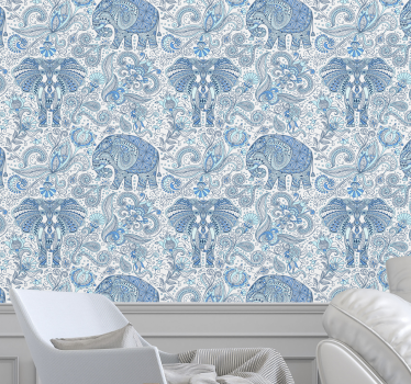 Papel tapiz elefantes diseño étnico azul - TenVinilo