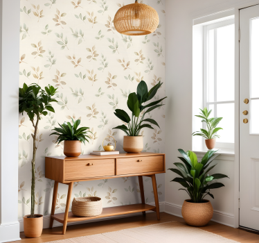 Papel tapiz entrada diseño de hojas beige - TenVinilo
