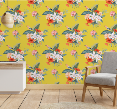 Papel tapiz flores ramo sobre fondo amarillo - TenVinilo