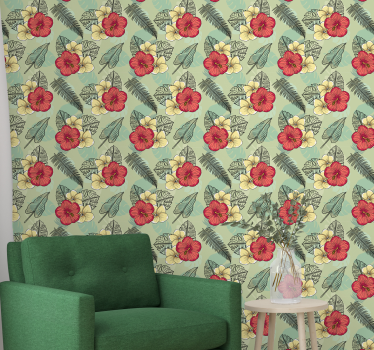 Papel tapiz flores arreglo tropical verde - TenVinilo