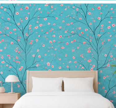 Papel tapiz flores cerezos teal - TenVinilo