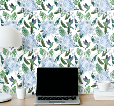 Papel tapiz flores diseño floral de colibrí - TenVinilo