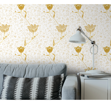 Papel tapiz flores diseño floral dorado - TenVinilo