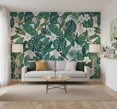 Papel tapiz flores diseño jungla verde petróleo - TenVinilo