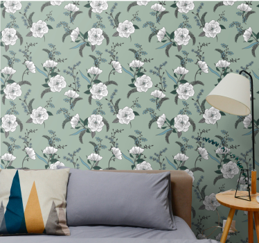 Papel tapiz flores elegante motivo de flor verde - TenVinilo