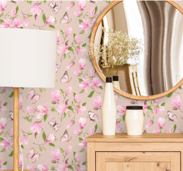 Papel tapiz flores magnolias y mariposas - TenVinilo