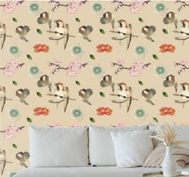 Papel tapiz flores encanto de pájaros en flor - TenVinilo