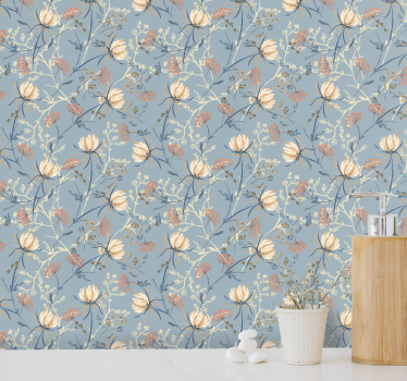 Papel tapiz flores escena de naturaleza azul - TenVinilo