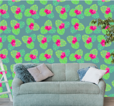 Papel tapiz flores hojas exóticas florecientes - TenVinilo