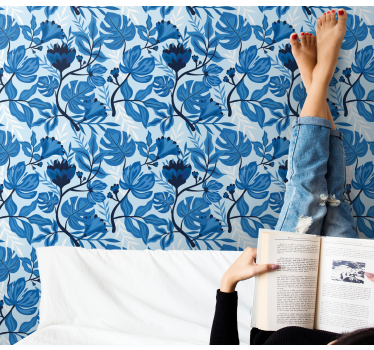 Papel tapiz flores florecimiento botánico azul - TenVinilo