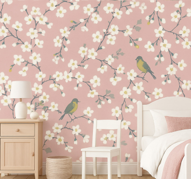 Papel tapiz flores pájaros del huerto rosa - TenVinilo