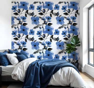 Papel tapiz flores patrón de amapolas azules - TenVinilo