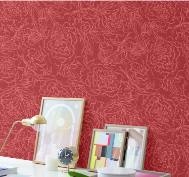Papel tapiz flores patrón de rosas de contorno rojo - TenVinilo