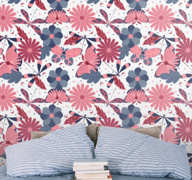 Papel tapiz flores patrón de mariposa rosa - TenVinilo