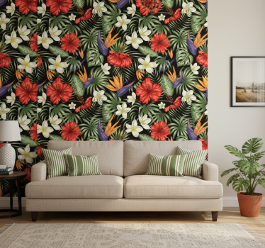 Papel tapiz flores patrón de plantas tropicales - TenVinilo