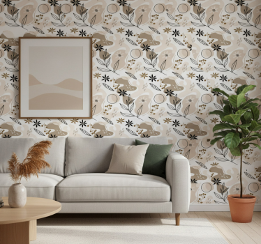Papel tapiz flores patrón elegante de hojas rosas y beige - TenVinilo