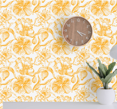 Papel tapiz flores patrón vintage amarillo - TenVinilo