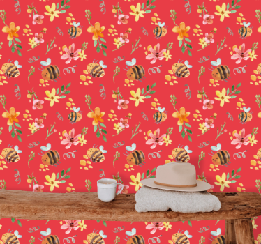 Papel tapiz flores patrón floral de abeja - TenVinilo