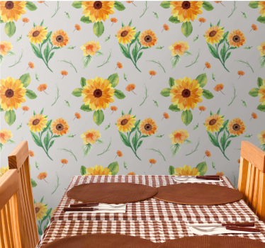 Papel tapiz flores patrón de girasol gris - TenVinilo
