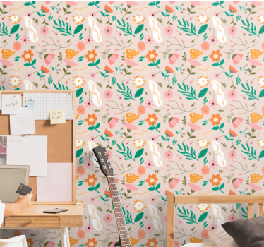 Papel tapiz flores patrón floreciente y plumas - TenVinilo