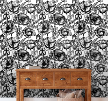 Papel tapiz flores patrón floral negro - TenVinilo