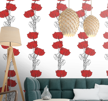 Papel tapiz flores tiras florales rojas - TenVinilo