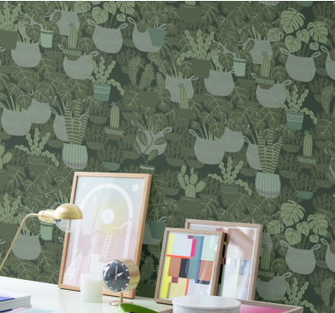 Papel tapiz hojas patrones de plantas en macetas - TenVinilo