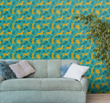 Papel tapiz leopardos patrón turquesa - TenVinilo