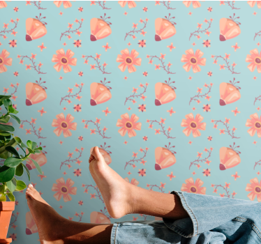 Papel tapiz flores patrón floral de mariposas - TenVinilo