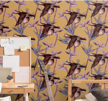 Papel tapiz pájaros motivo tropical flocado - TenVinilo