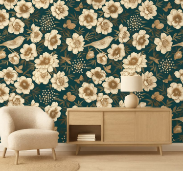 Papel tapiz pájaros botánico vintage chinoiserie - TenVinilo