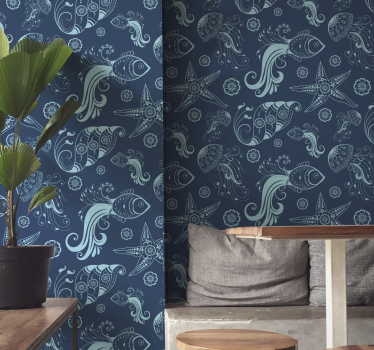 Papel tapiz peces motivos de bocetos marinos - TenVinilo