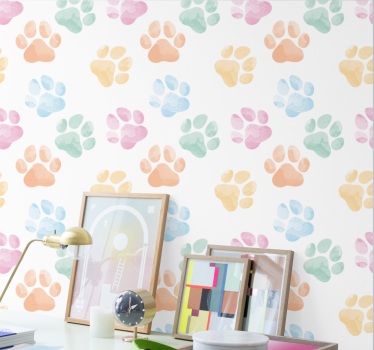 Papel tapiz perros huellas de patas en colores pastel - TenVinilo