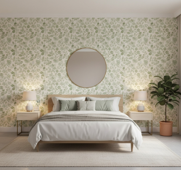 Papel tapiz piedra crema verde floral - TenVinilo