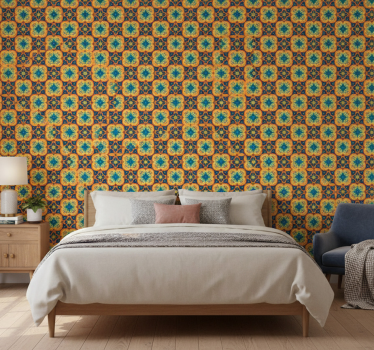 Papel tapiz textura patrón boho oriental azul y amarillo - TenVinilo